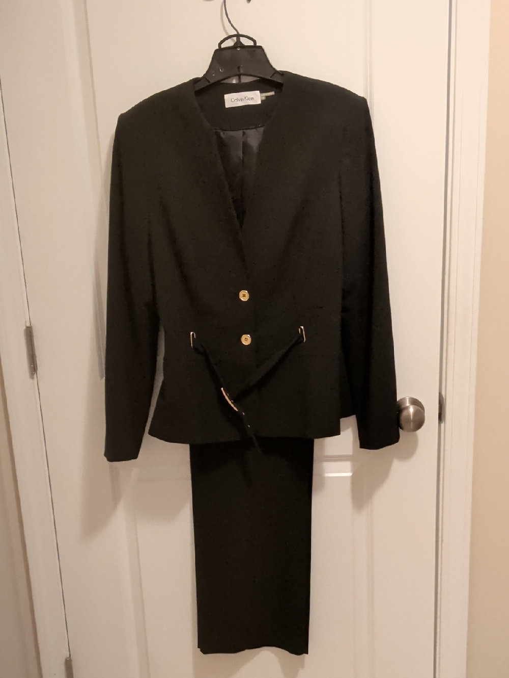 Calvin Klein Black Two-Piece Pants Suit with Gold Buttons